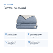 Why it works: breathes all night, genuinely lightweight, wave-quilted fill, machine washable