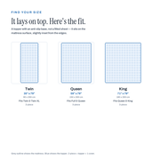 Size chart: it lays on top - Twin 35x79, Queen 59x79, King 71x79 inches