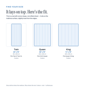Size chart: it lays on top - Twin 35x79, Queen 59x79, King 71x79 inches