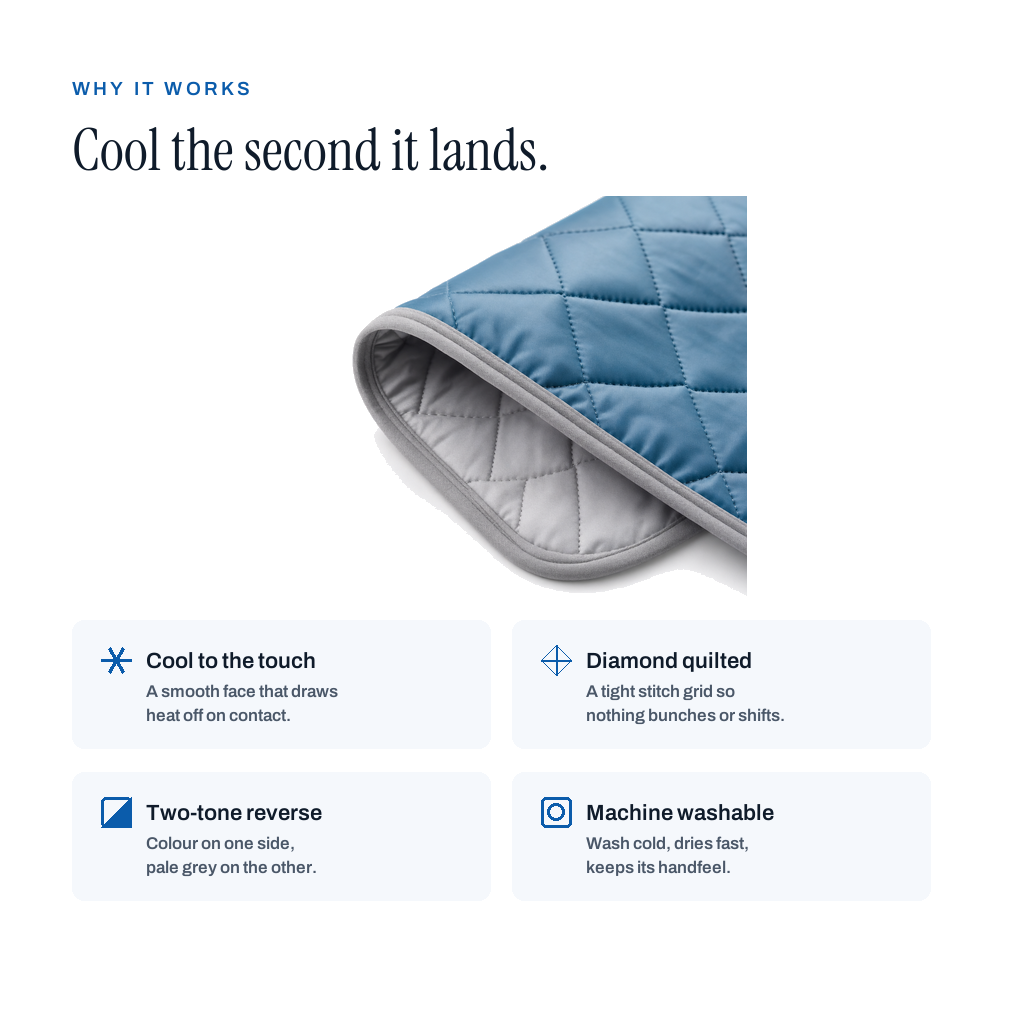 Why it works: cool to the touch, diamond quilted, two-tone reverse, machine washable
