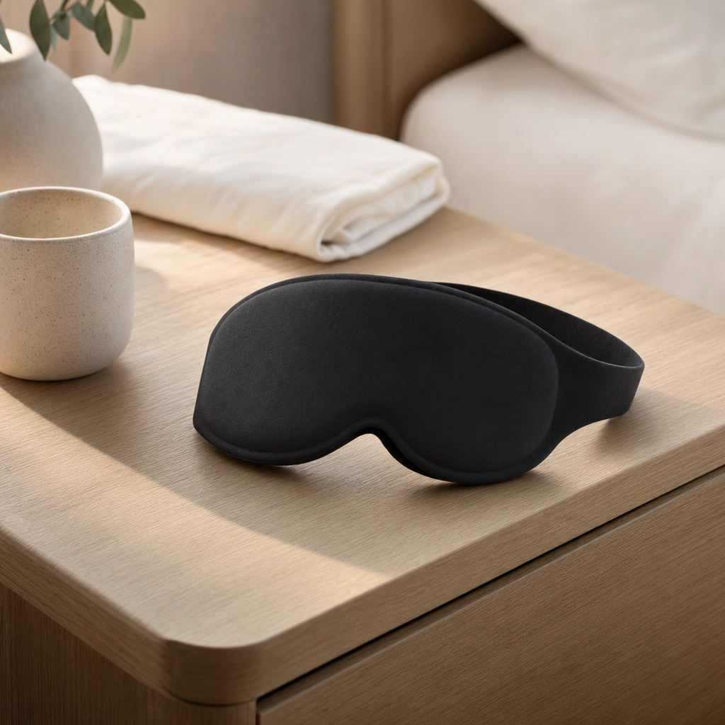 The Eclipse sleep mask resting on an oak bedside table in morning light