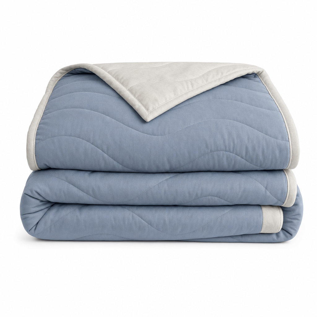 The Drift comforter folded, showing the wave quilting and contrasting bound edge