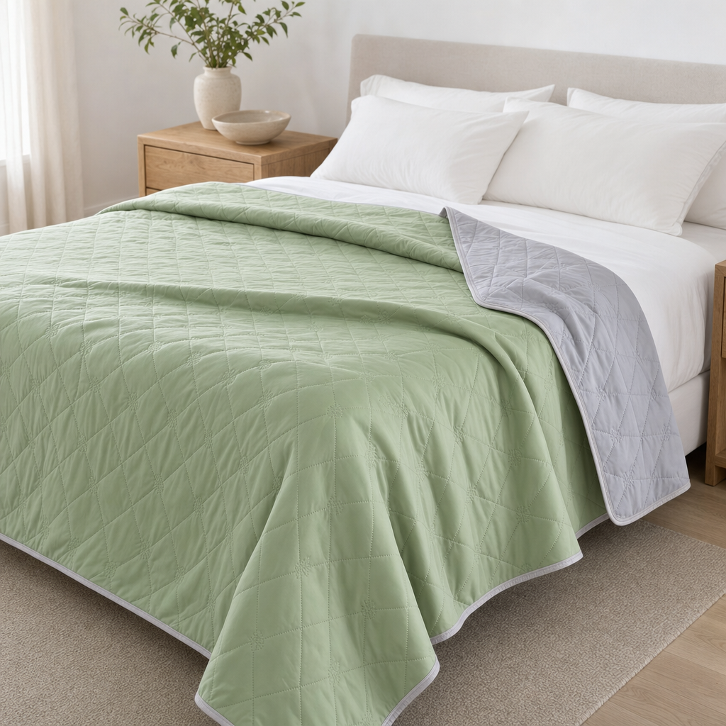The Breeze cool-touch summer blanket in Sage Green on a made bed