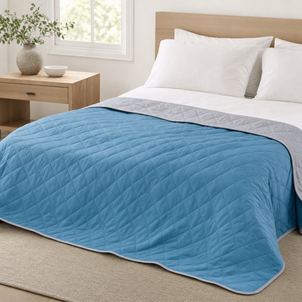 The Breeze cool-touch summer blanket in Harbor Blue on a made bed, grey reverse showing
