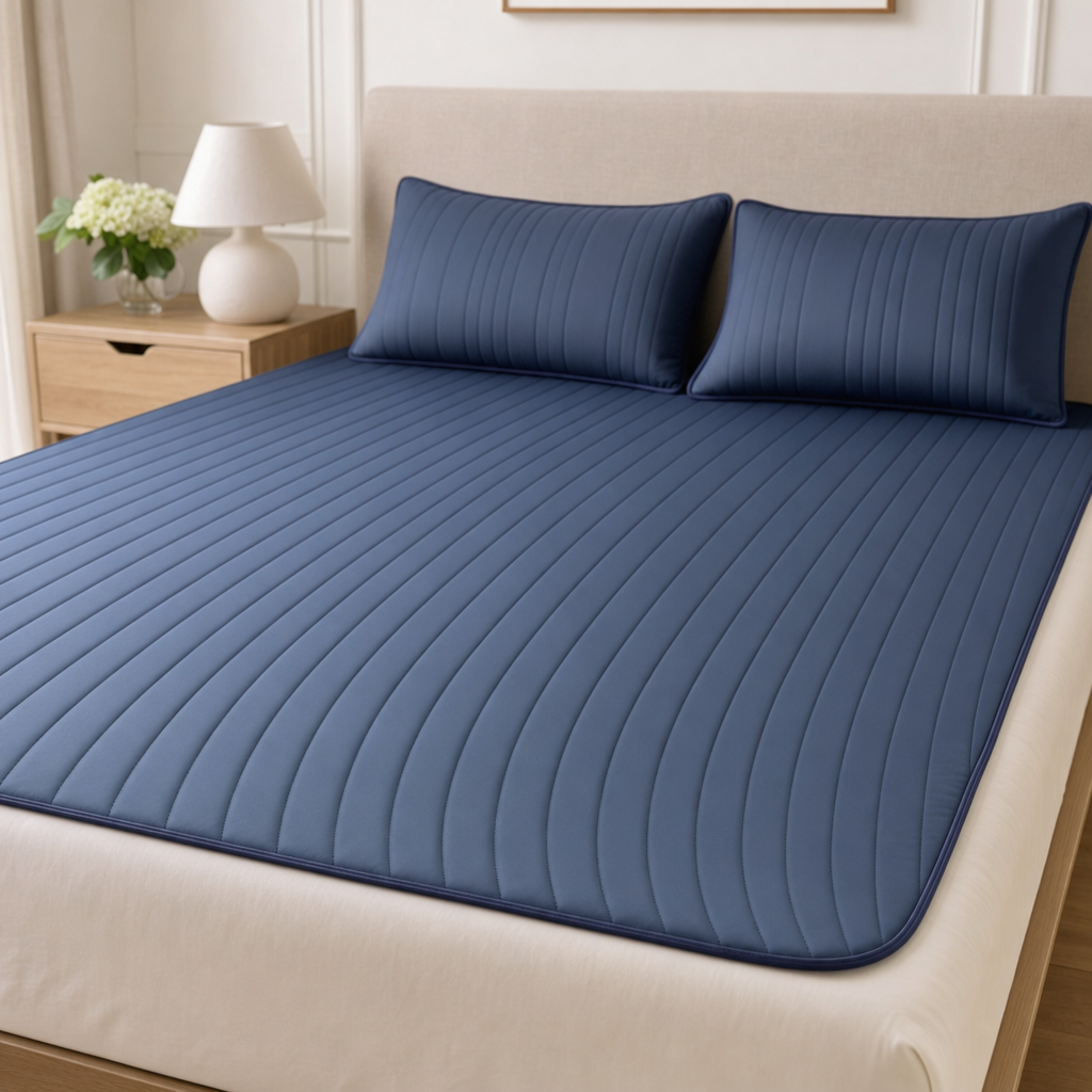 The Glacier ice silk cooling bed mat in Midnight Navy with matching pillowcases