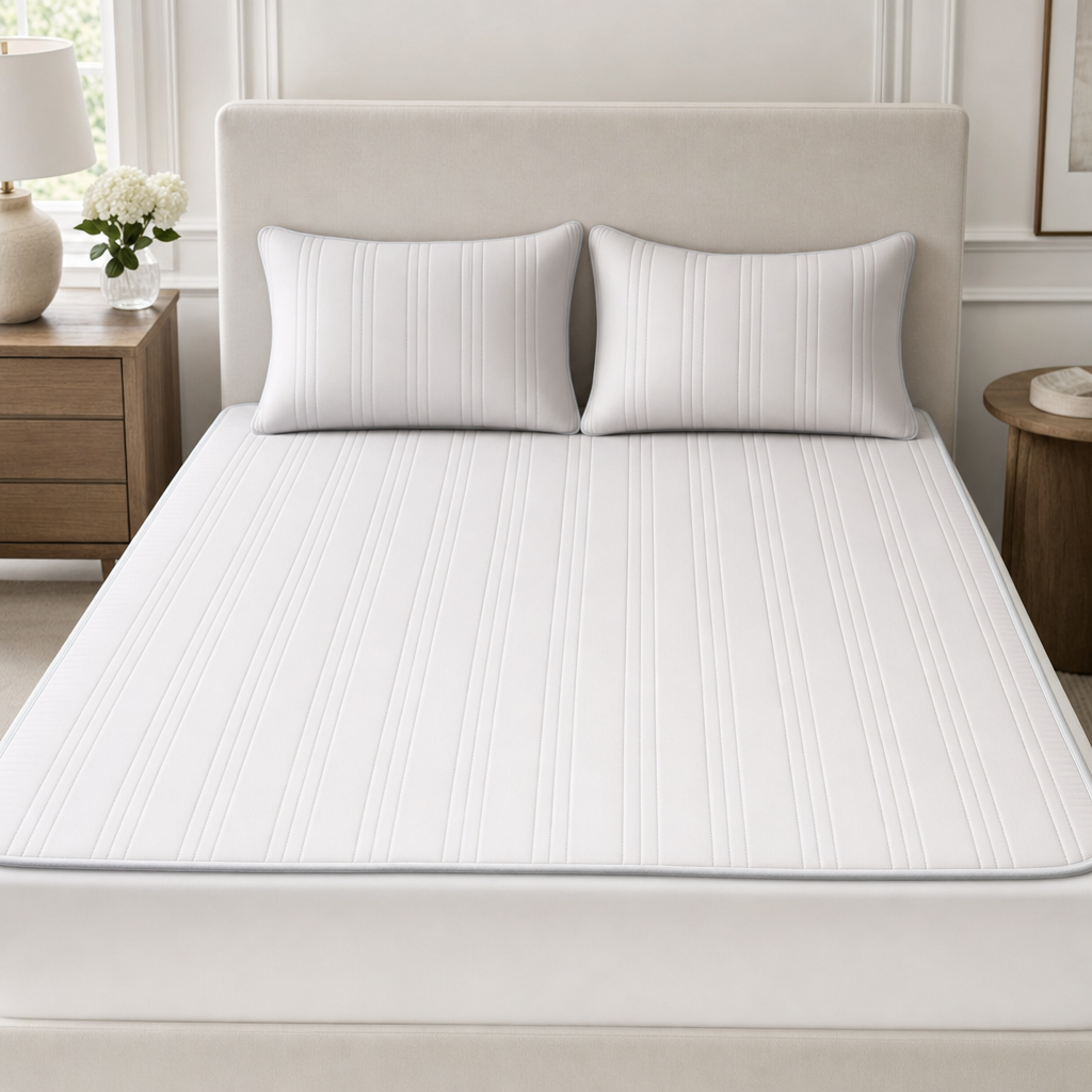 The Glacier ice silk cooling bed mat in Cloud Gray with matching pillowcases