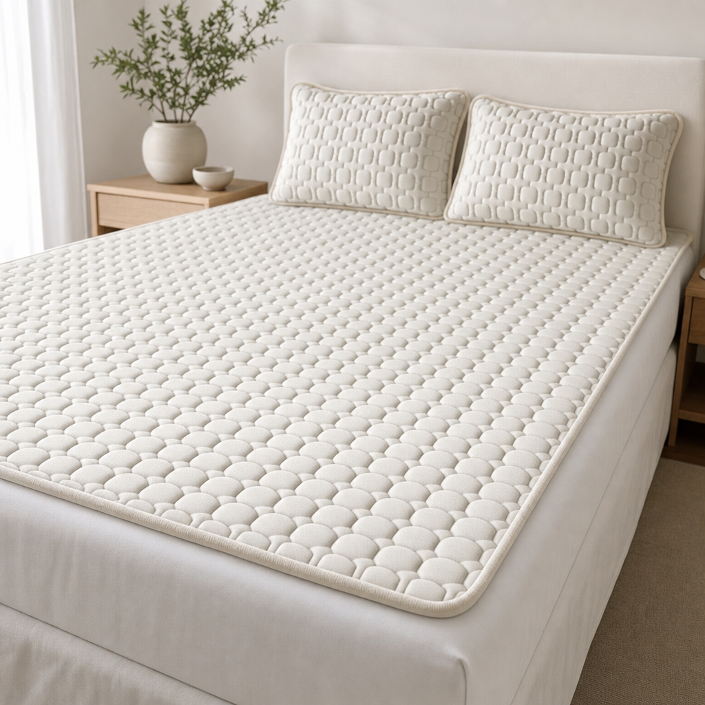 The Everest latex cooling mattress topper in Cloud Gray with matching pillow covers