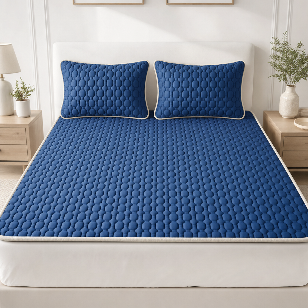 The Everest latex cooling mattress topper in Midnight Navy with matching pillow covers