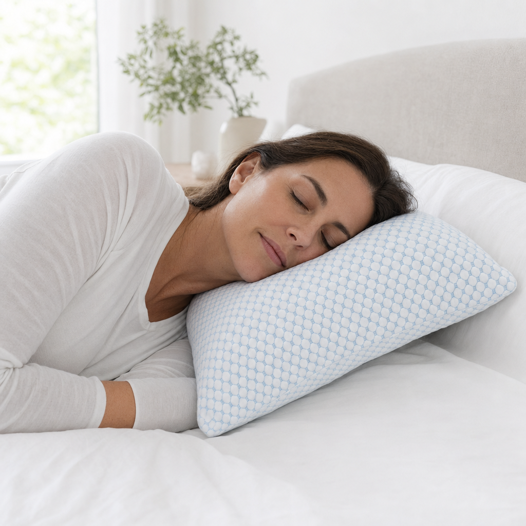 Woman asleep on her side with her head supported on The Cloud pillow