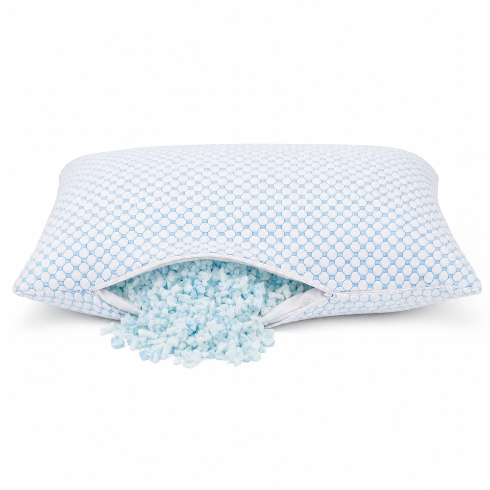 The pillow unzipped showing shredded gel-infused memory foam fill