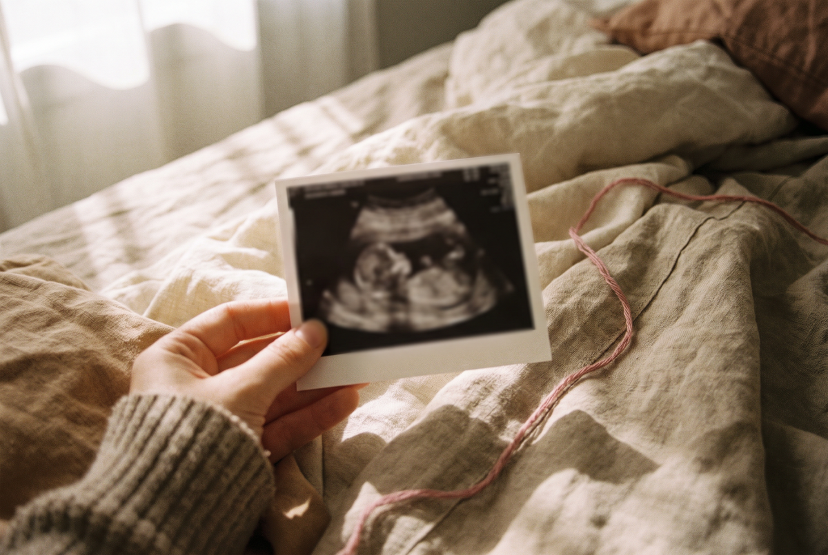 A scan photograph resting on linen bedsheets