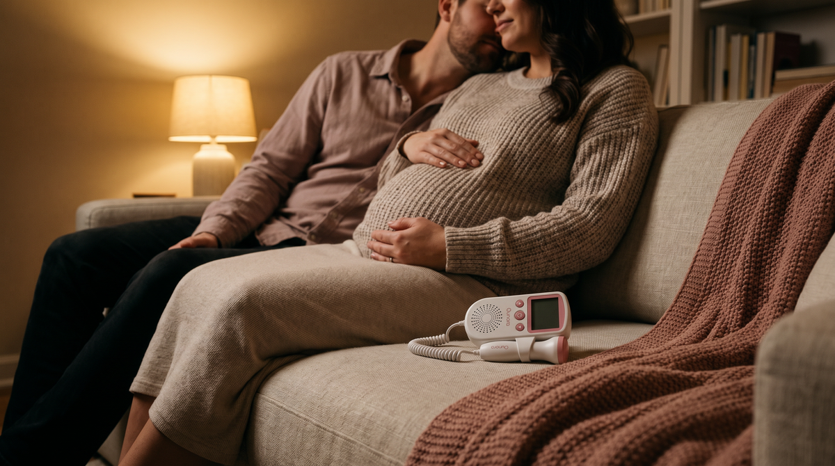 A couple at home in the evening with the Ounora Fetal Doppler