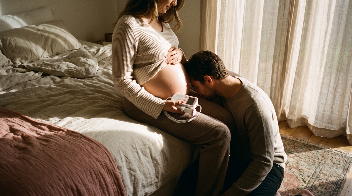 Expectant parents listening to their baby's heartbeat together at home