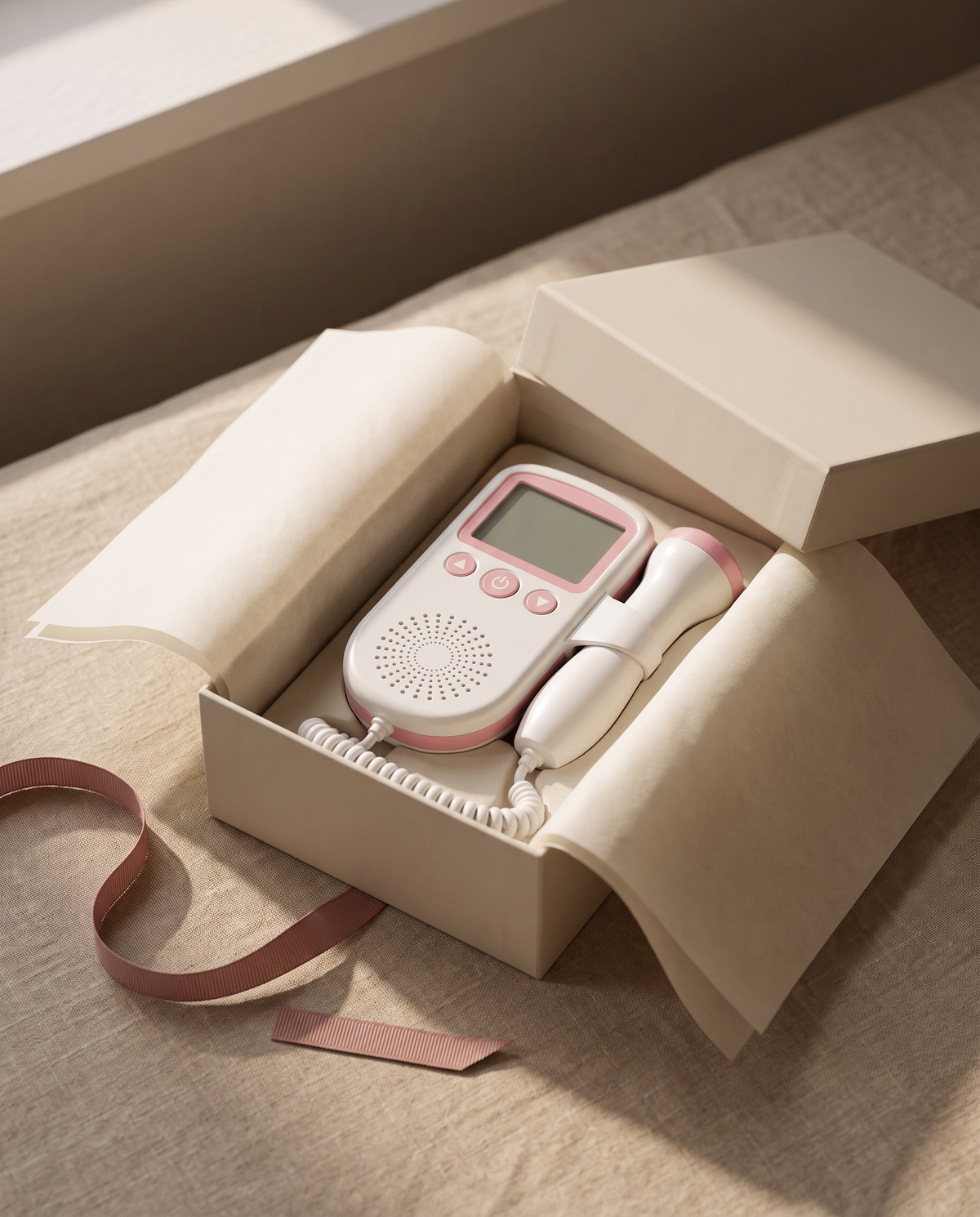 The Ounora Fetal Doppler in its packaging