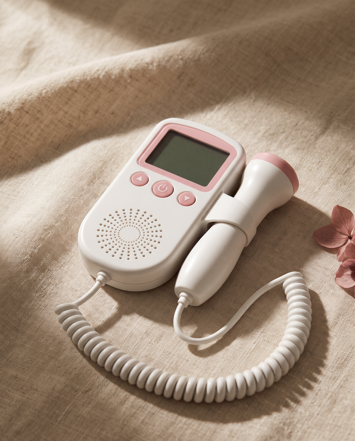 The Ounora Fetal Doppler handset and 3MHz probe on linen