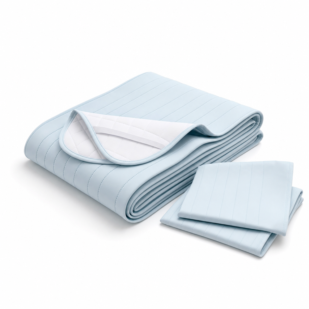 The Glacier set folded showing the mat and matching pillowcases