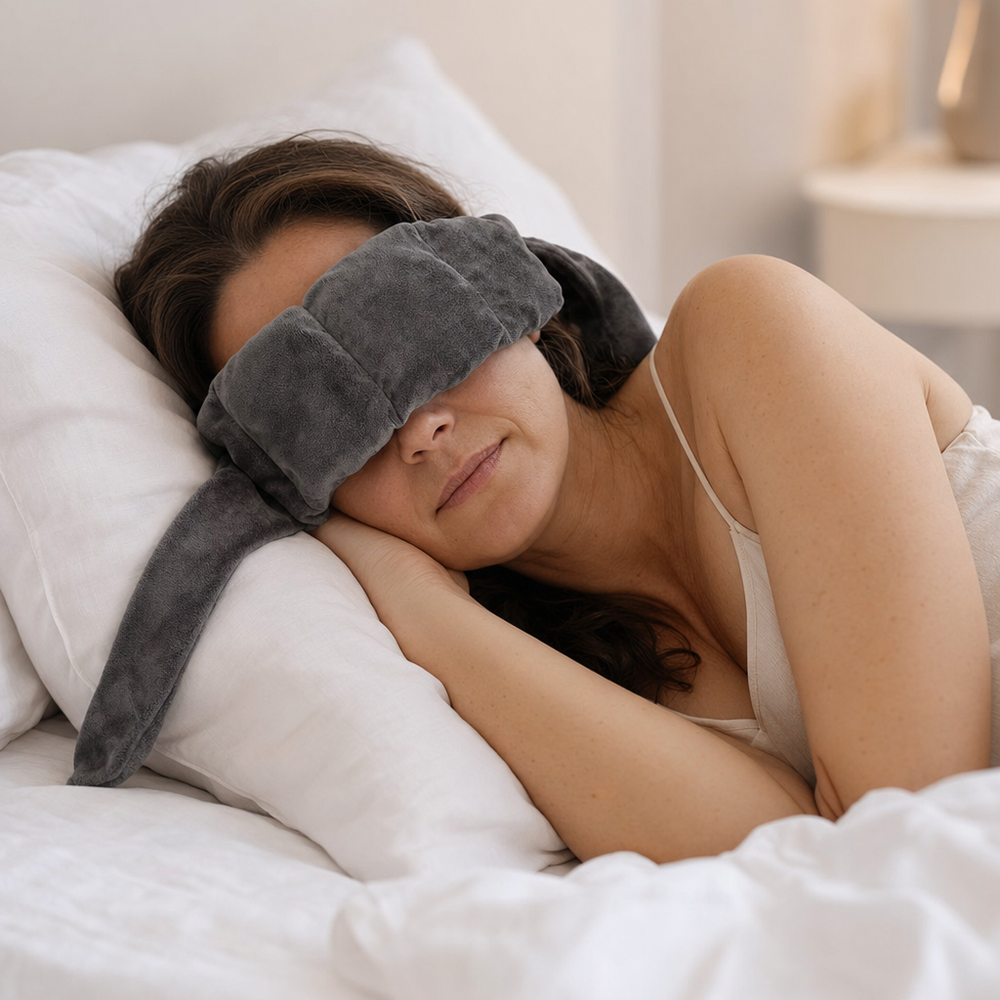 Woman asleep on her side with The Lull draped across her eyes