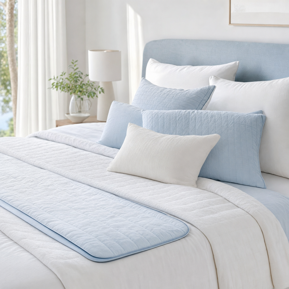 A bed styled with layered cooling bedding
