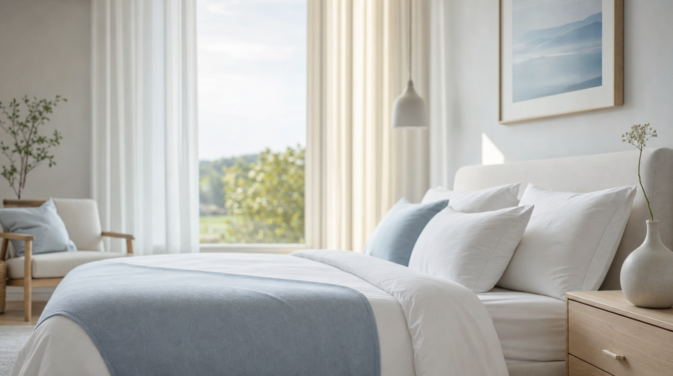 A calm, light-filled bedroom at first light with white and soft blue bedding