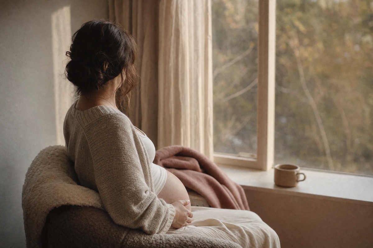 An expectant mother sitting by a window in late afternoon light