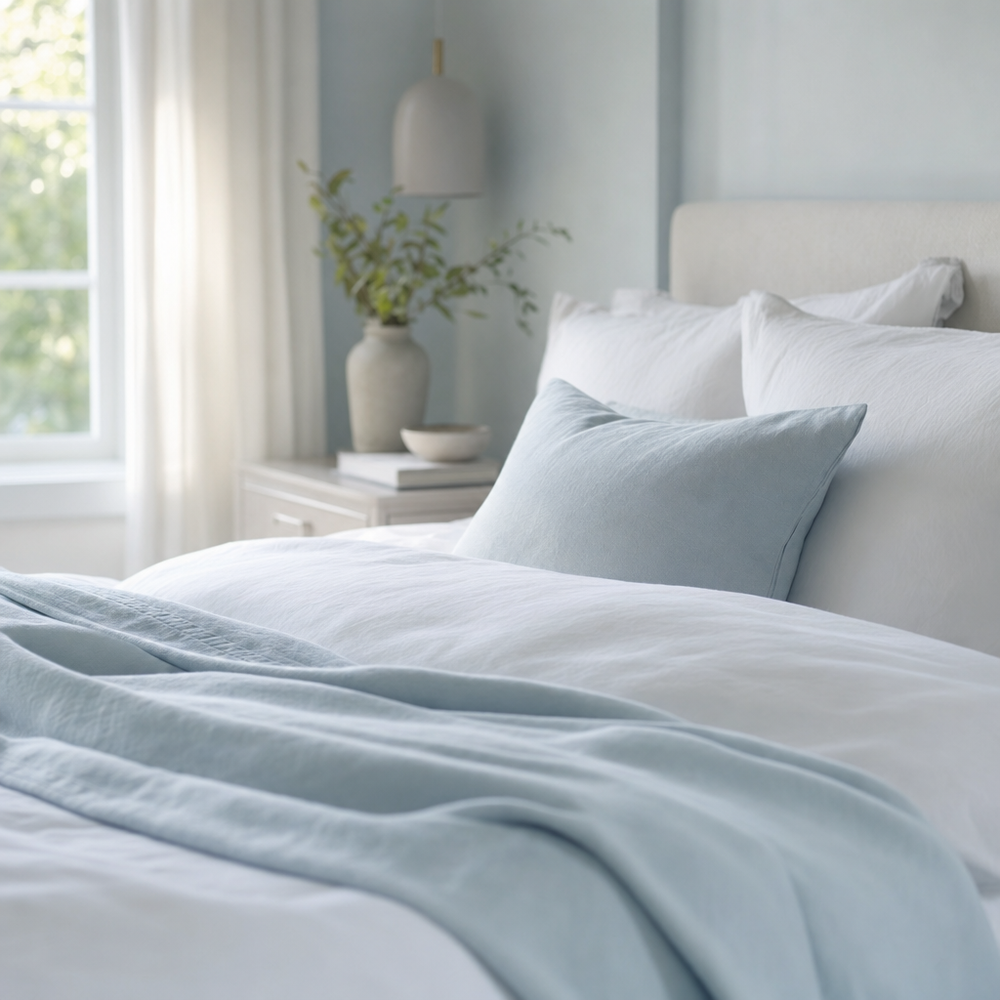 A quiet, made bed in a calm bedroom